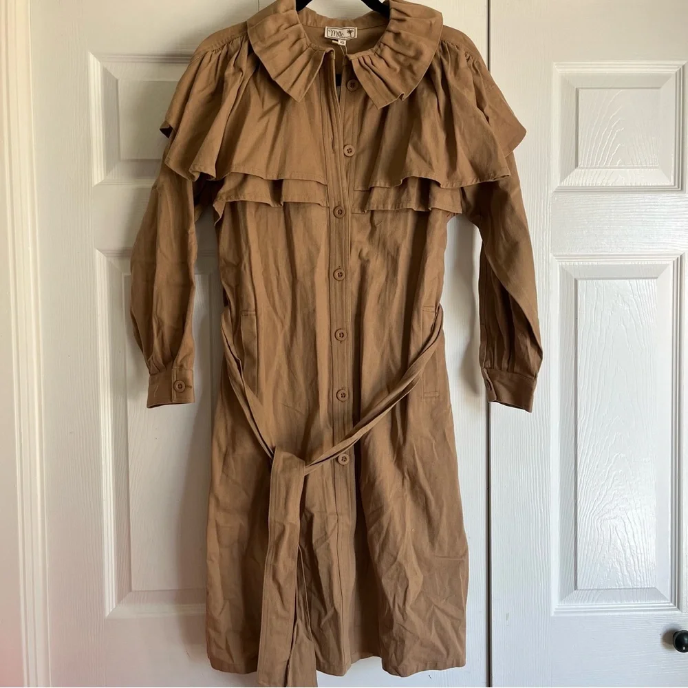 Women’s Camel Trench Coat with Ruffle Cape Detail - Picture 6 of 16